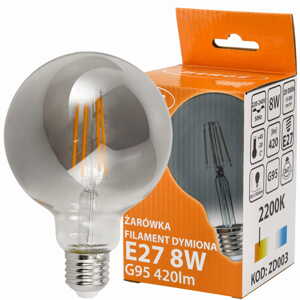 LED žárovka G95 - E27 - 8W - FILAMENT - kouřová - teplá bílá